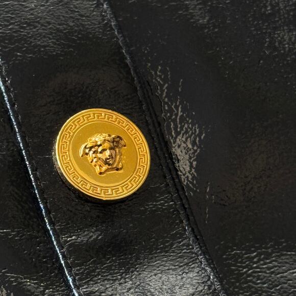 Versace Vinyl Midi Skirt Medusa Head Gold Buttons Black IT 40 US 4 - Picture 10 of 15